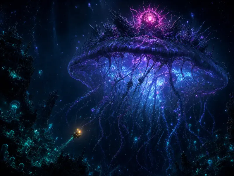 Shelf Leviathan, a vast pale creature lit from within